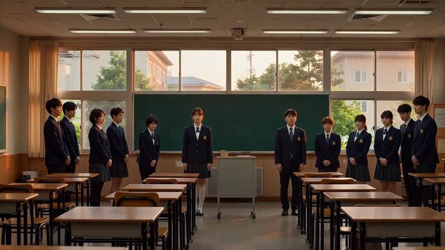 制服を着た生徒たちが教室で頭を下げる姿は,自然の畏敬の念を抱かせる力を象徴している。