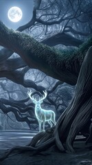 Fototapeta premium Ethereal glowing deer standing in dark enchanted forest under full moon. Mystical wildlife concept in foggy woodland setting.