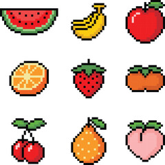 Fototapeta premium Collection of colorful Pixel icons of fruits vector illustration.