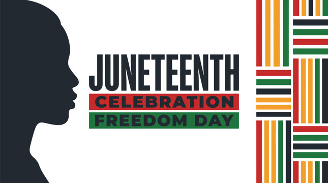 Juneteenth celebration banner displays a profile silhouette and vertical stripes in a traditional color palette.