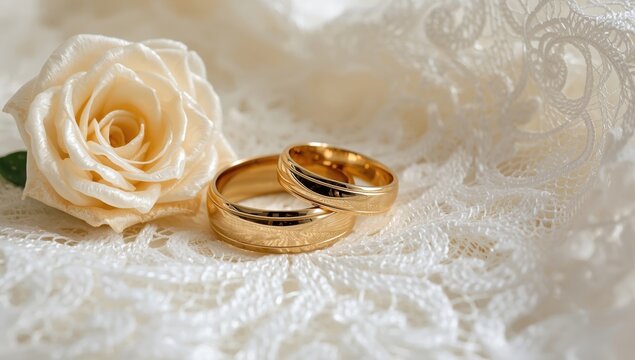 Two golden wedding rings resting on delicate white lace fabric next to a single cream colored rose flower close up
