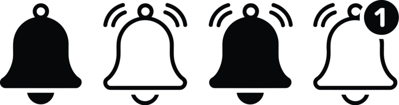Notification bell vector icon set ringing alarm symbol message notice alert notification system UI interface design elements isolated illustration