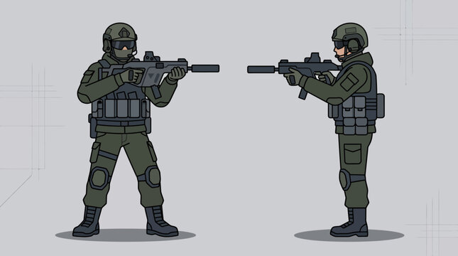 Tactical Military Operator Character Set with SMG Weapon, Modern SWAT Special Forces Green Soldier Front and Side View, 2D Vector Game Asset