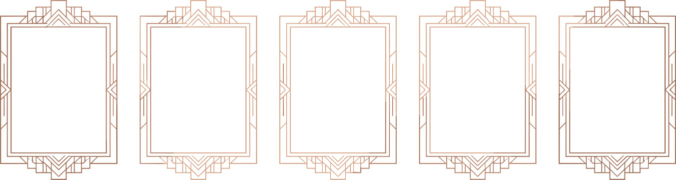 Five Elegant Art Deco Geometric Rose Gold Border Frame Collection Isolated on White Background Vector Illustration