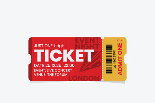 Modern Event Ticket Vector Template | Red Admit One Concert Pass Design