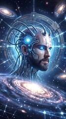 Fototapeta premium Bearded male profile with integrated circuitry and wires connected to skull against cosmic background. Technological evolution and space exploration theme.