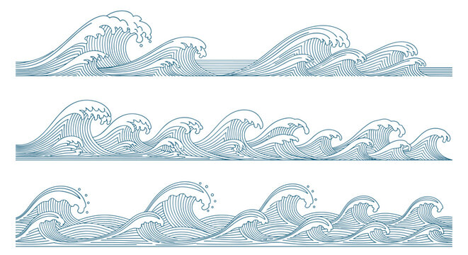 Set of three horizontal ocean wave patterns utilizes a traditional woodcut style with fine lines to depict rolling sea water.