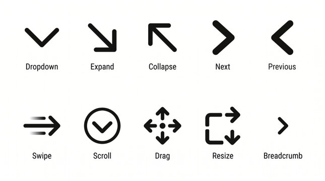 Collection of User Interface Navigation and Action Icons Arrows, Expand, Collapse, Swipe, Scroll, Drag, Resize, and Breadcrumb