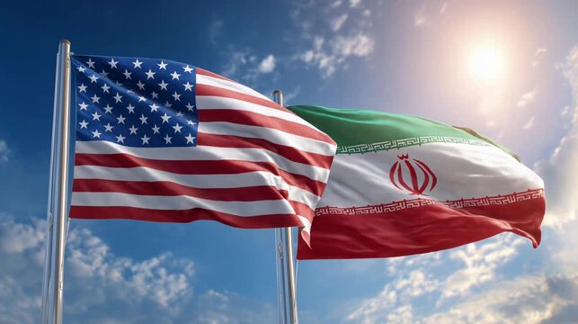 us flag waving next to iranian flag in blue sky. relations usa iran