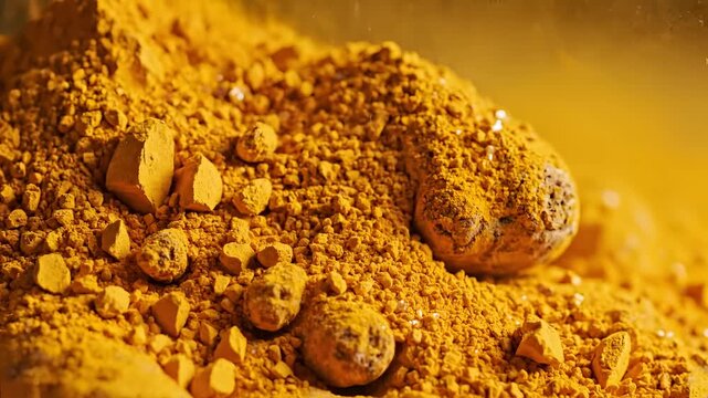 Closeup of vibrant turmeric powder being poured highlighting its texture and color.