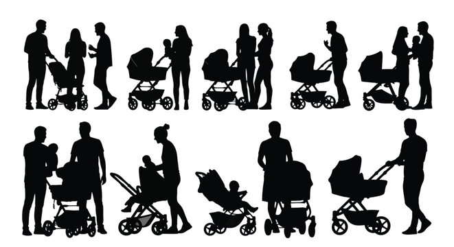 Family with baby strollers silhouettes on a white background