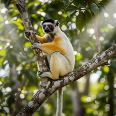 Fototapeta premium Golden Sifaka Lemur Clinging to Tree Branch in Lush Tropical Forest