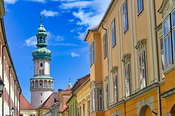 Fototapeta premium Firewatch Tower or Tuztorony, Symbol of Sopron Hungary with Old Town Street
