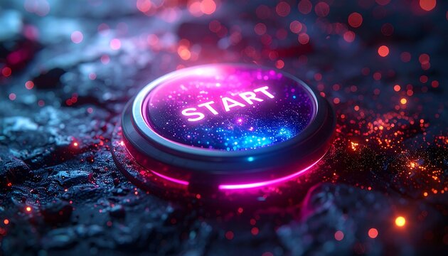Glowing Futuristic Start Button Resting on Dark Digital Surface