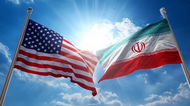 us flag waving next to iranian flag in blue sky. relations usa iran