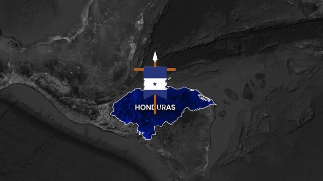 Animated outline of the Honduras map filled with the flag and text moving across the projection