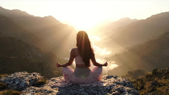 woman meditating at mountain sunrise mindfulness wellness and inner peace concept.
