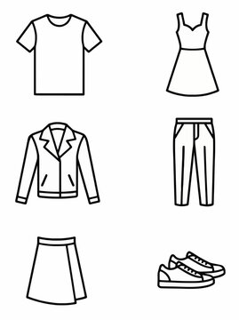 Minimalist clothing apparel icon set featuring linear drawings of t-shirt dress jacket trousers skirt and sneakers for fashion design