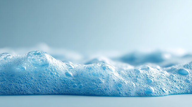 Blue soapy foam bubbling across flat surface close up