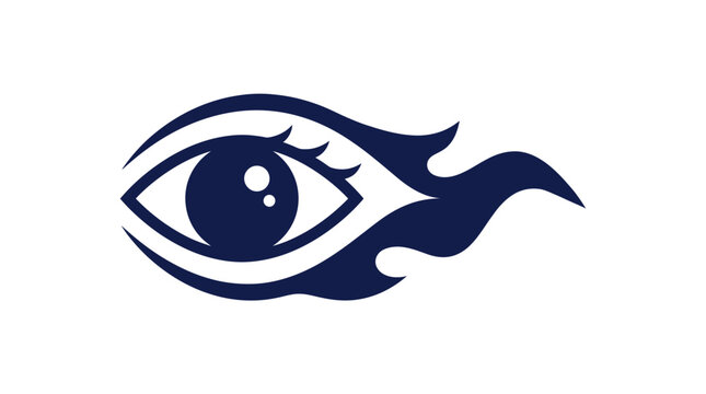 Stylized Burning Eye Logo with Flame Trail - Navy Blue Minimalist Vector Illustration
