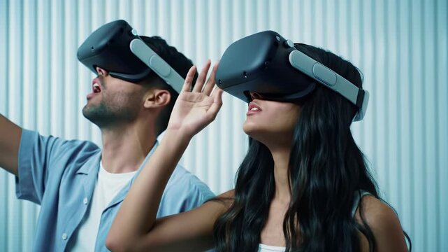 Young man in blue shirt, young woman with dark hair immersed in VR, wearing sleek headsets, reacting with awe in a modern indoor video with soft blue light. Technological marvel