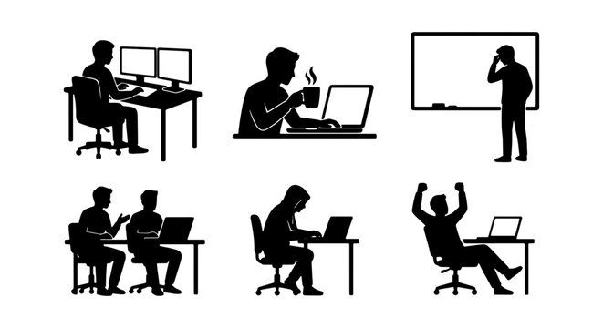 Office Work Silhouettes, Business People Icons, Remote Work, Team Collaboration, Success Celebration