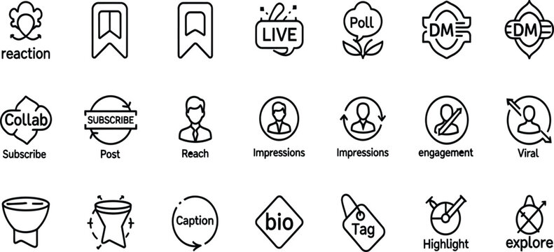 Set of social media marketing and digital communication line icons for website and app development