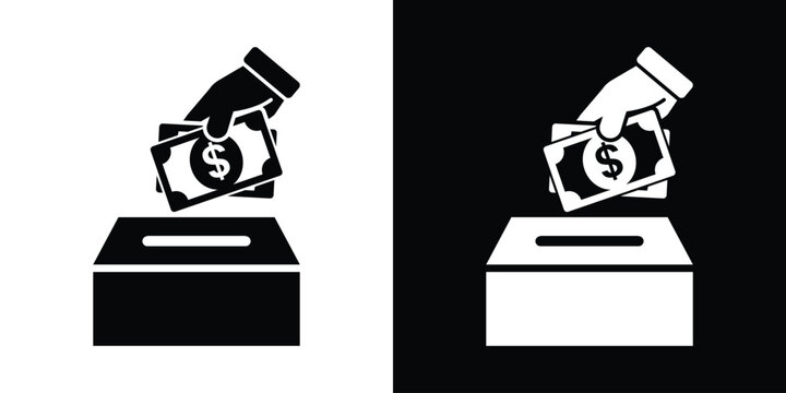 Hand dropping dollar banknotes into donation box icon. Philanthropy, charity contribution, tax payment, and community support funding concept vector.