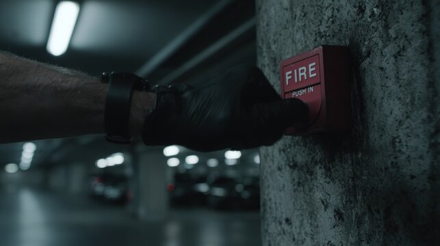 Hand Reaching to Activate Fire Alarm Button in Dimly Lit Underground Parking Garage for Emergency Situation Awareness