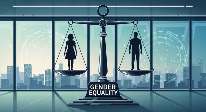 Gender equality concept with man and woman silhouettes on scales of justice