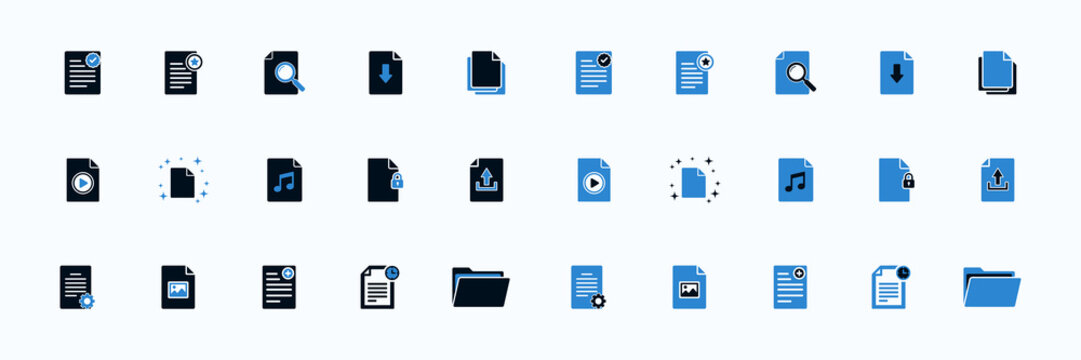 Collection of professional icons representing documents digital files folders and various user interface elements for web design and application development seamless pattern.