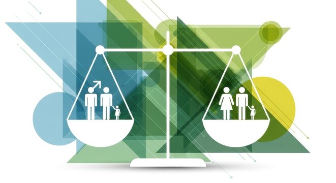 Gender equality scales with family icons on abstract geometric background