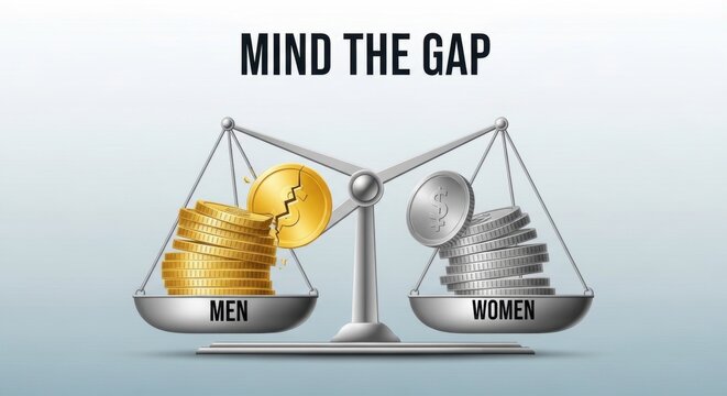 Gender pay gap concept with money on scales representing unequal wages