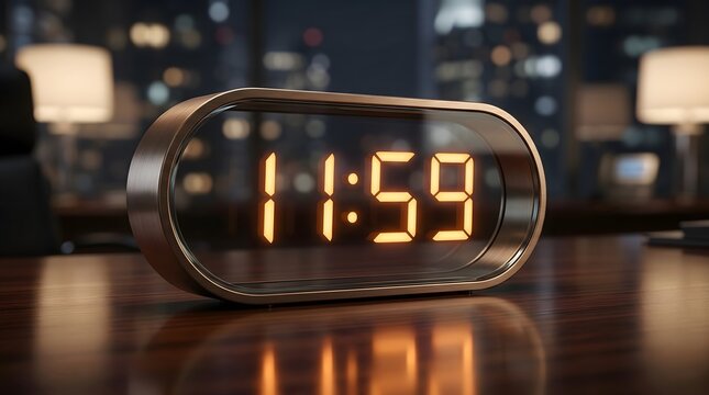 Modern digital clock displaying 11 59 on a wooden desk in a cozy office at night