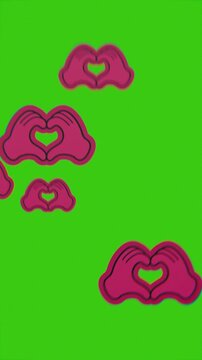 heart sign made with hands emoji icons floating upwards, on green screen background