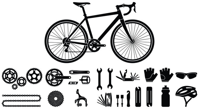 A collection of bicycle parts and cycling accessories in a black and white vector illustration.