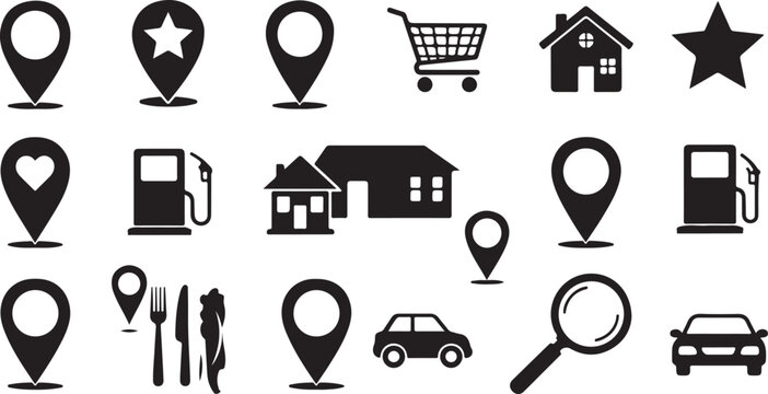 Collection of various black icons on white background for navigation and services