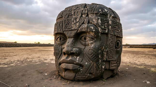 A large stone head in the middle of a dirt field