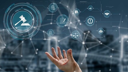 Naklejka premium Futuristic digital law interface displaying justice scale, highlighting digital law, AI compliance, digital law systems, and digital law regulations for secure governance. Muxer