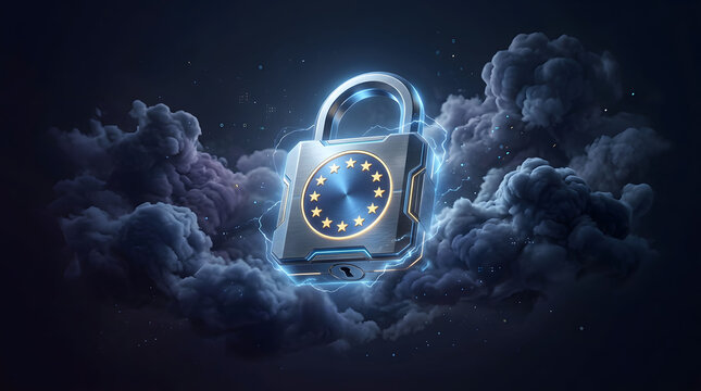 A metallic padlock with twelve gold stars surrounded by dark clouds and electric sparks, representing European cyber security, data privacy, cloud protection, and digital sovereignty.