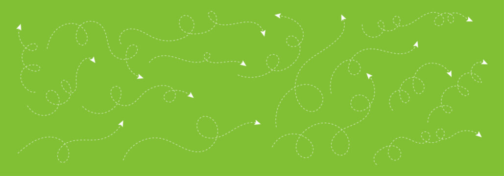 Set of hand drawn dashed arrow swirl line elements for creative design projects isolated on a bright lime green background
