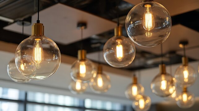 Close-up of modern hanging light fixtures with warm illumination against a ceiling