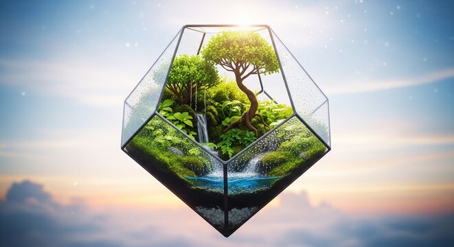 A beautiful fantasy concept art of a lush green terrarium shaped like a geometric pentagon or diamond floating in the sky. Inside the glass container, there is a miniature ecosystem with a waterfall, 