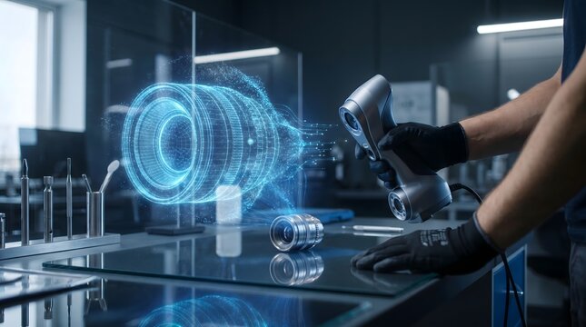 Industrial engineer uses handheld 3d laser scanner to analyze camera lens component with glowing blue holographic projection in modern precision manufacturing laboratory