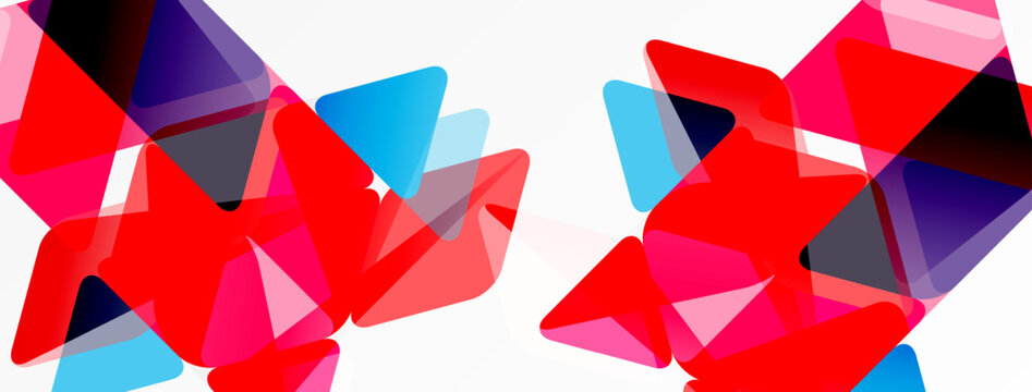 Abstract geometric shapes overlap, creating vibrant red, purple, blue composition. Minimalist design, modern aesthetic.