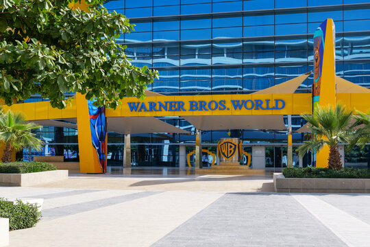 Abu Dhabi, UAE - 17 May 2026. Entrance of Warner Bros. World theme park on Yas Island with colorful facade and family entertainment atmosphere in Abu Dhabi