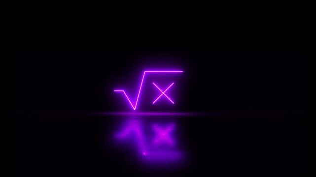 Neon glowing Square root icon video animation. Square root of x axis icon, square root symbol video animation, square root on video black background. Square root of x glyph icon video motion.