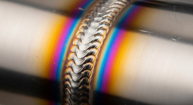A close-up shot of a perfect, high-quality TIG weld on a stainless steel pipe. The weld seam features a beautiful "stack of dimes" pattern, surrounded by vibrant rainbow heat tint discoloration (blue,
