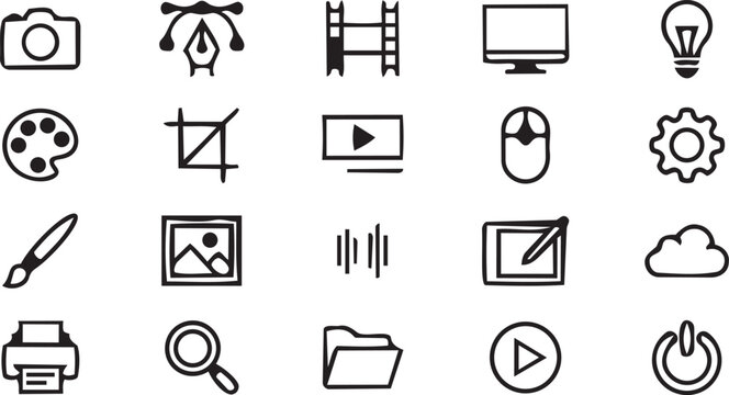 Set of hand drawn creative design and multimedia icons