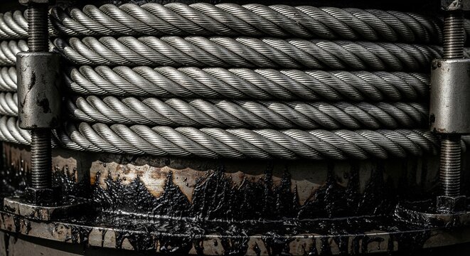 Close-up of a heavy-duty industrial steel wire rope or metal cable tightly wound around a drum, with thick dark lubricant grease visible at the bottom.